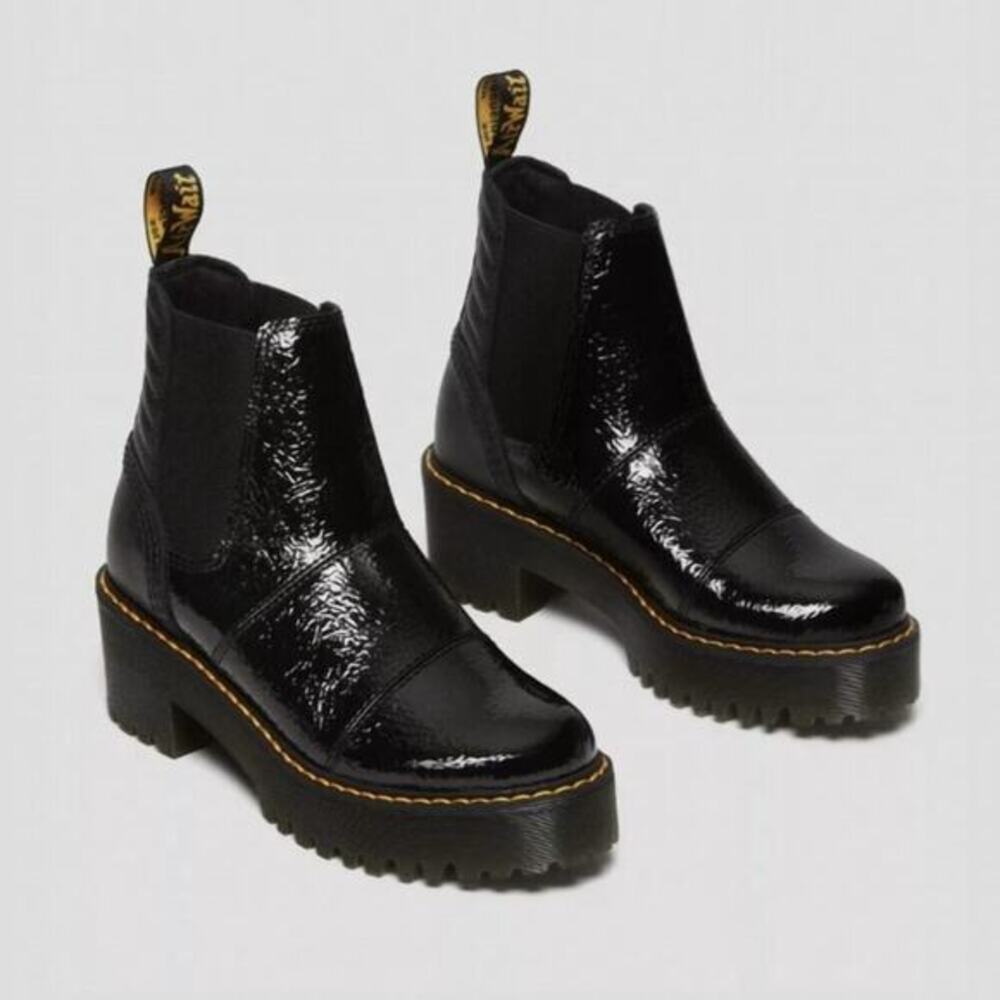 Dr. Martens Rozalie Distressed Patent leather Chelsea heeled Goth Grunge boots 8